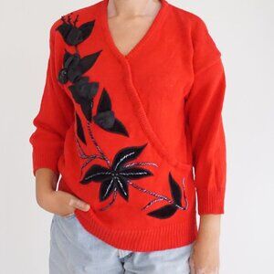 Vintage Bonnie Bill Red Eclectic Boho Black Floral Applique Glam 80s Sweater S